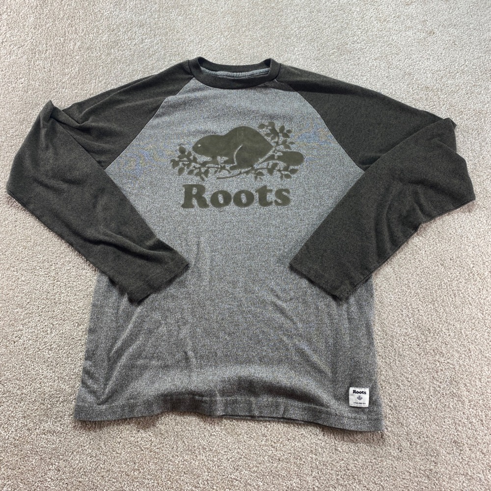 Roots Raglan Shirt Mens XS Grey Charcoal Long Sleeve Beaver Logo Cotton Blend